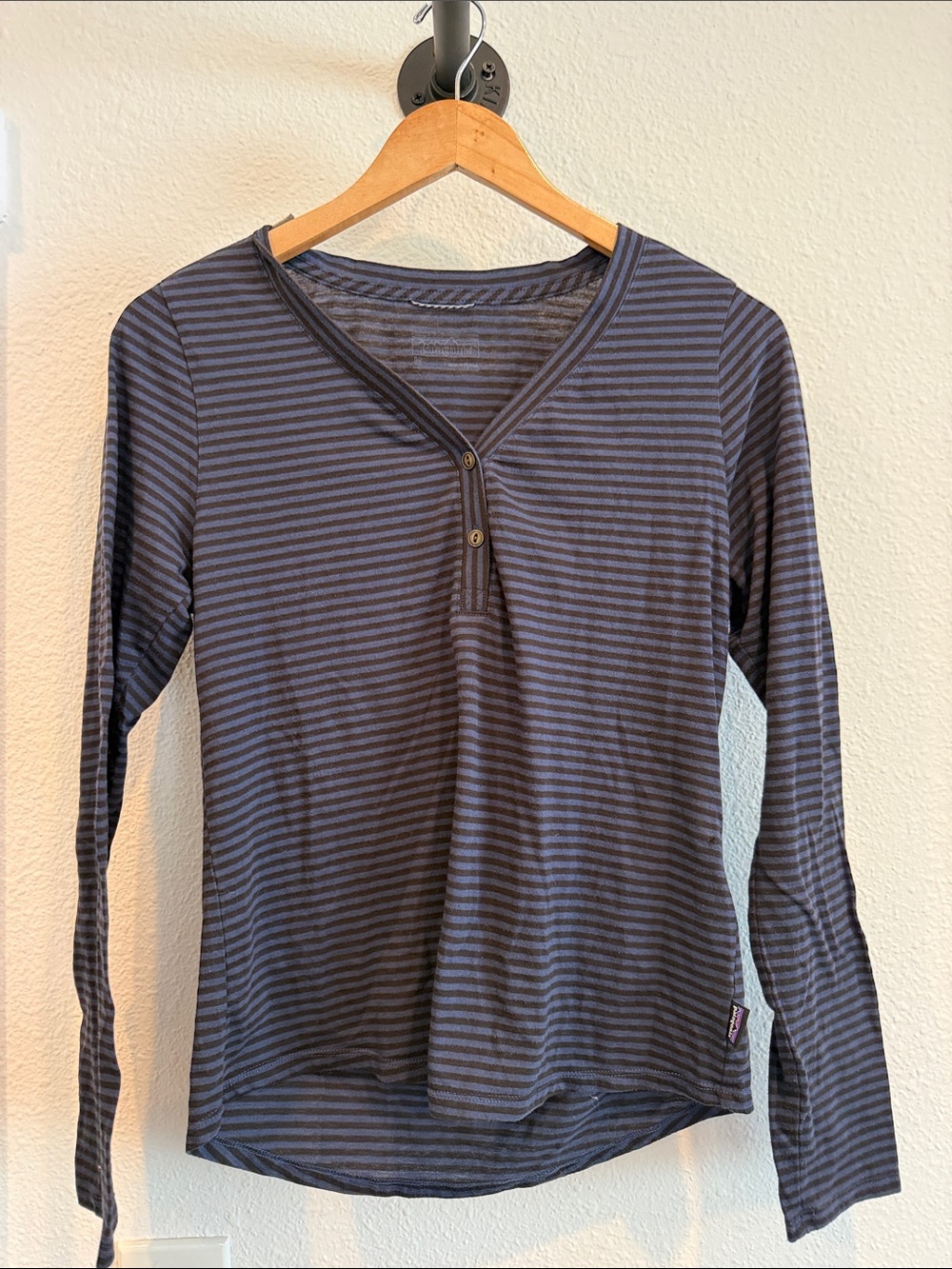 Patagonia Striped Long Sleeve Henley Top - Navy/Charcoal